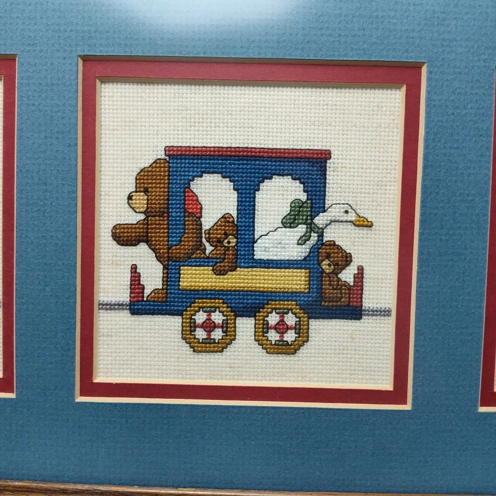 Vintage Framed Cross Stitch Nursery Art Geese Duck Teddy Bear Train Dale Burdett